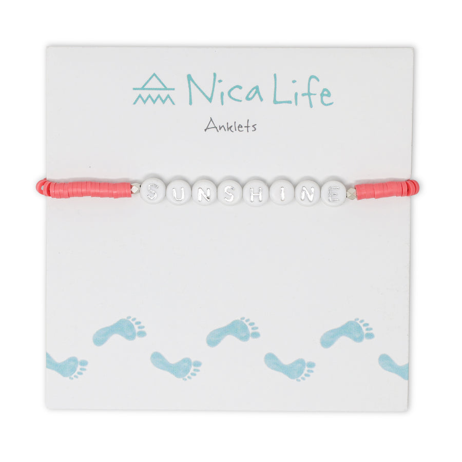 Dark Coral Bead Anklet Sunshine Word Anklet on White