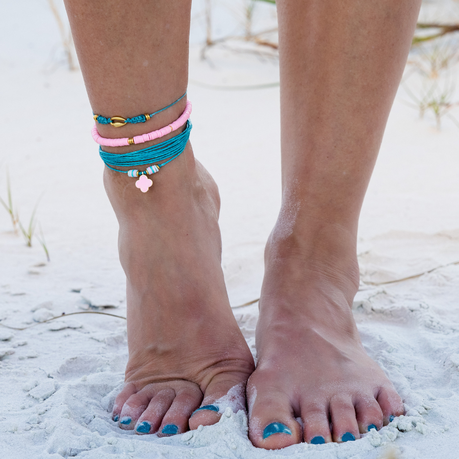 Teal String Anklet with Pink Enamel Clover Charm on White