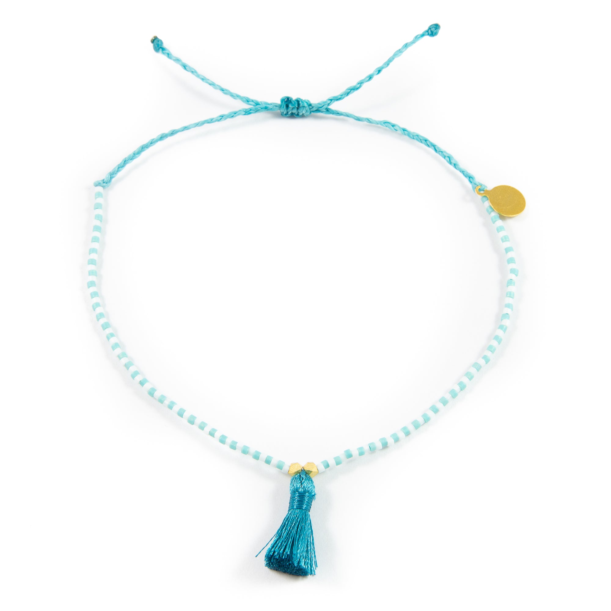 Teal Tassel Beaded Anklet on White